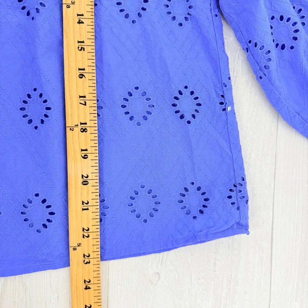 Banana Republic Eyelet Blouse Womens L Blue‎ Henley 3/4 Puff Sleeve Top Cotton